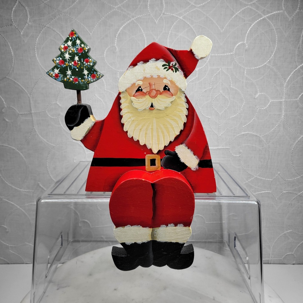 Vintage Wood Santa Shelf Sitter 10" Hand Painted Folk Art Christmas Tree